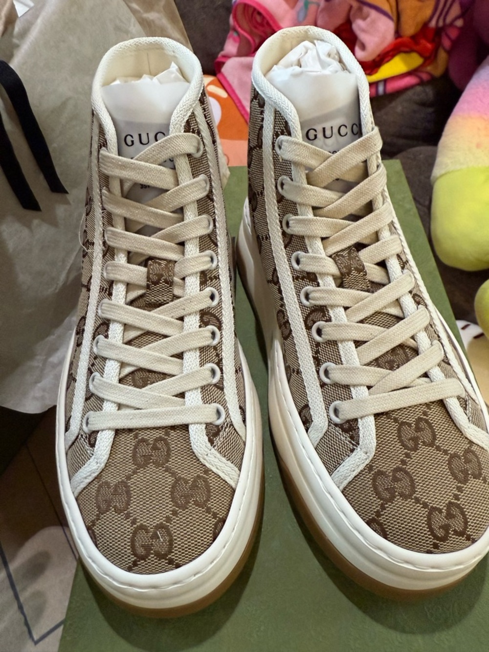Gucci Beige Brown Monogram High-Top Sneakers